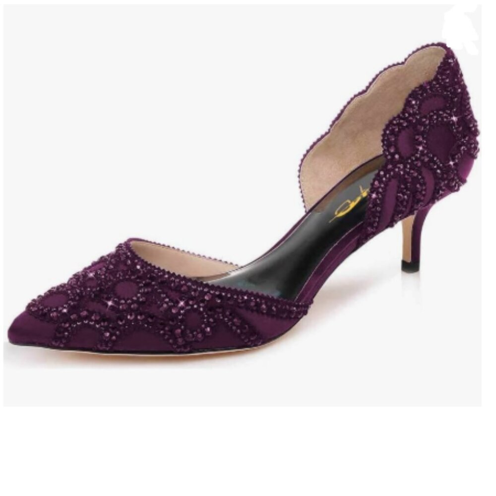 XYD Purple Pointed Toe D'Orsay Kitten Heel Rhinestone Studs Slip-On Satin Shoes